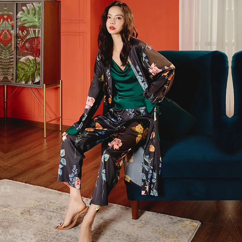 

2022 Newest Pajamas Set for Women's Spring and Summer Long-sleeved Women's Satin Three-piece Set Women Loungewear