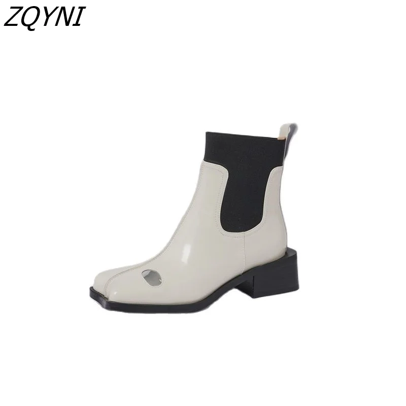 

ZQYNI-Women's shoes thick heels black and beige Chelsea style casual autumn and winter novel large 34-43