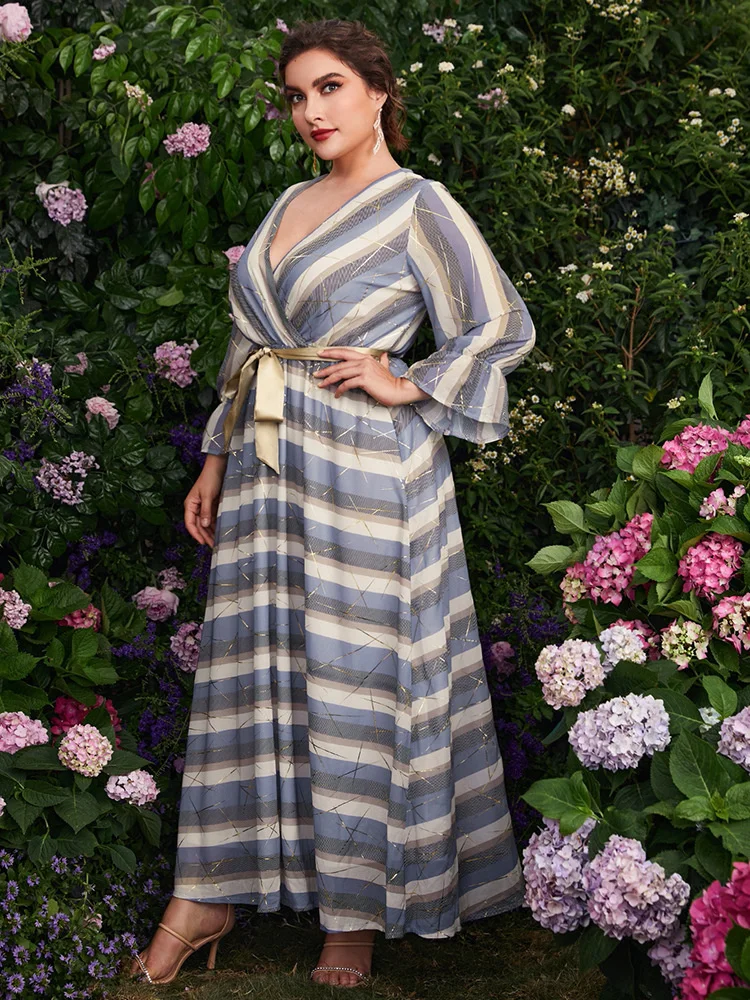 

Plus Size Elegant Dresses Women Fashion Striped Print Laced Dress Casual Commute Female Bubble Sleeve Loose Dress