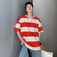 4xl 3xl 150kg can wear korean fashion red green blue striped casual short sleeve t shirt men 2022 new summer harajuku streetwear