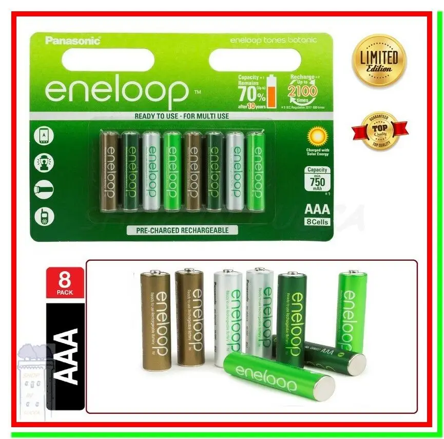 

8 Eneloop Pile Ricaricabili AAA Batterie Ministilo 750mAh Botanic HR03 2100cicli