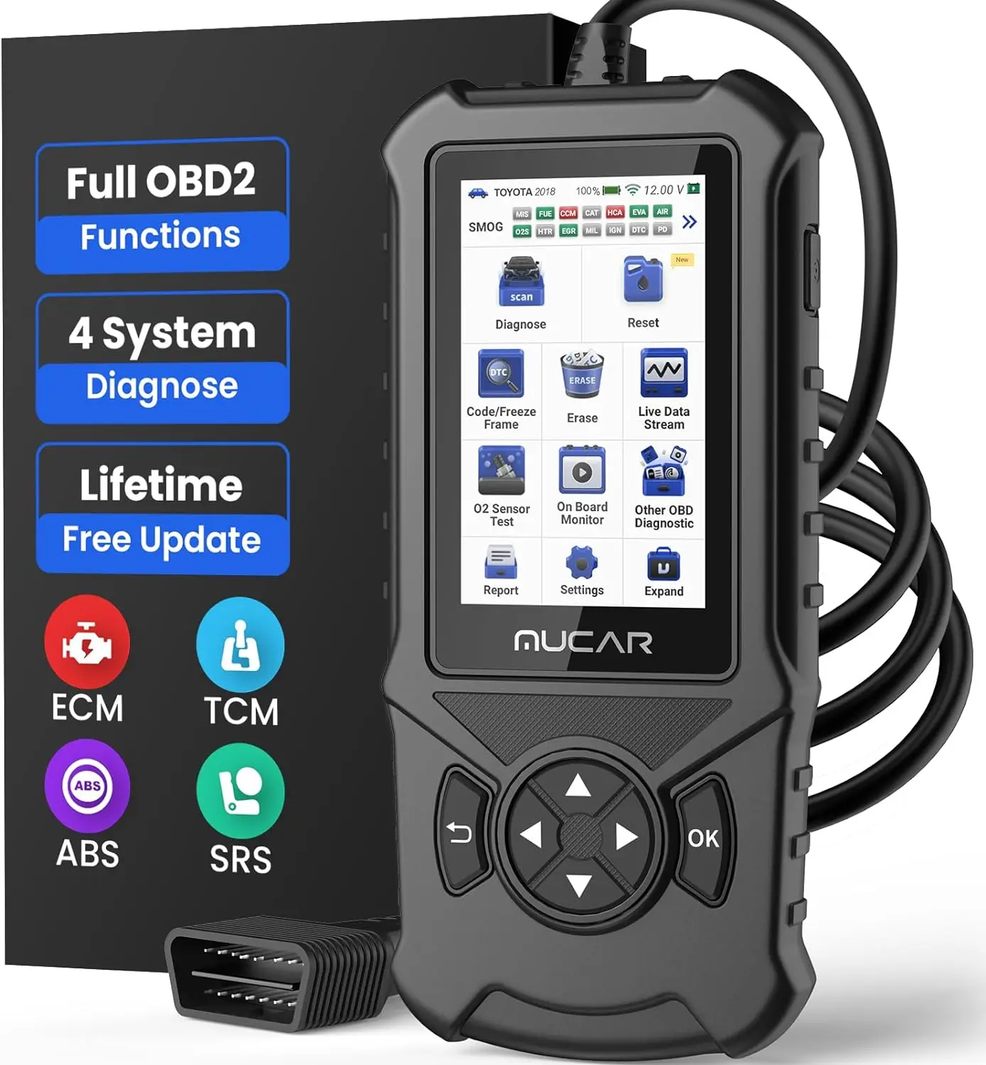 

Scanner Code Reader, Scanner for Car Full OBD2 Functions and Support to Expand 4 Systems (ABS SRS ECM TCM) with 4" HD Touchs