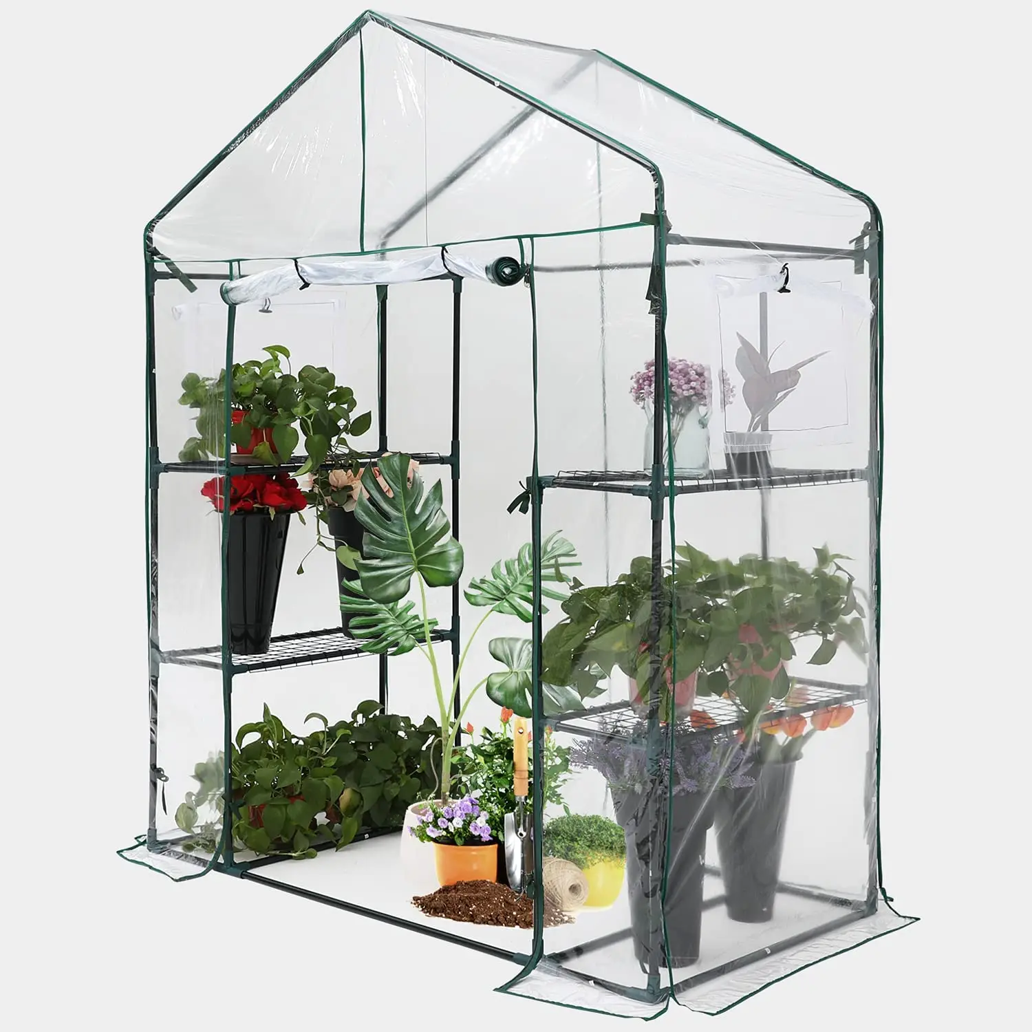 Walk-in Greenhouse, Indoor-Outdoor with 2-Tier 4-Tier Shelf Portable Plant Gardening Greenhouse Clear PVC Cover(US spot)