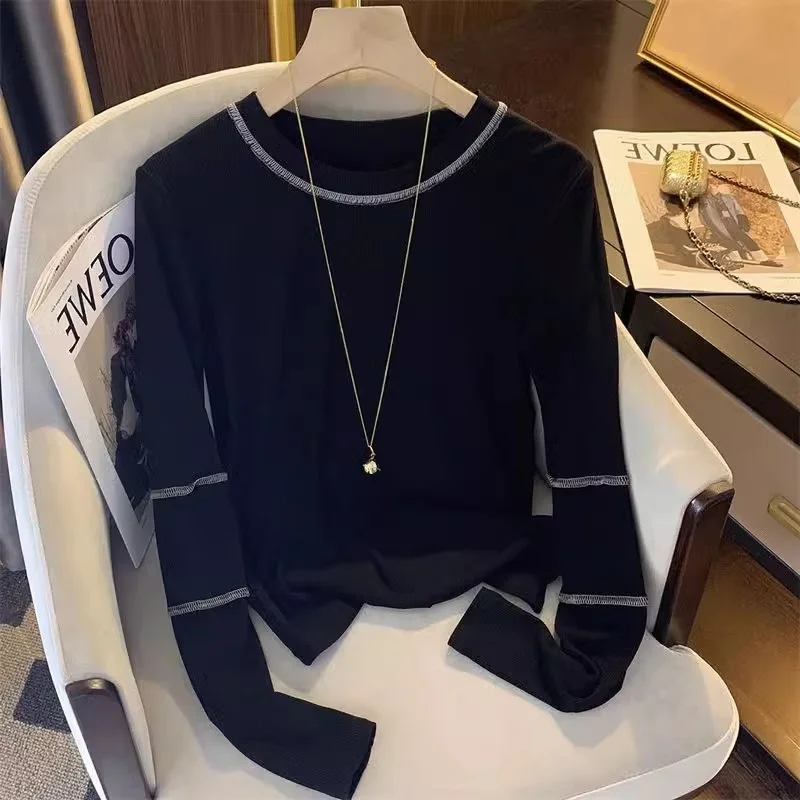 Гонконг Sle Chic рубашка с круглым вырезом и длинными рукавами женская осенняя