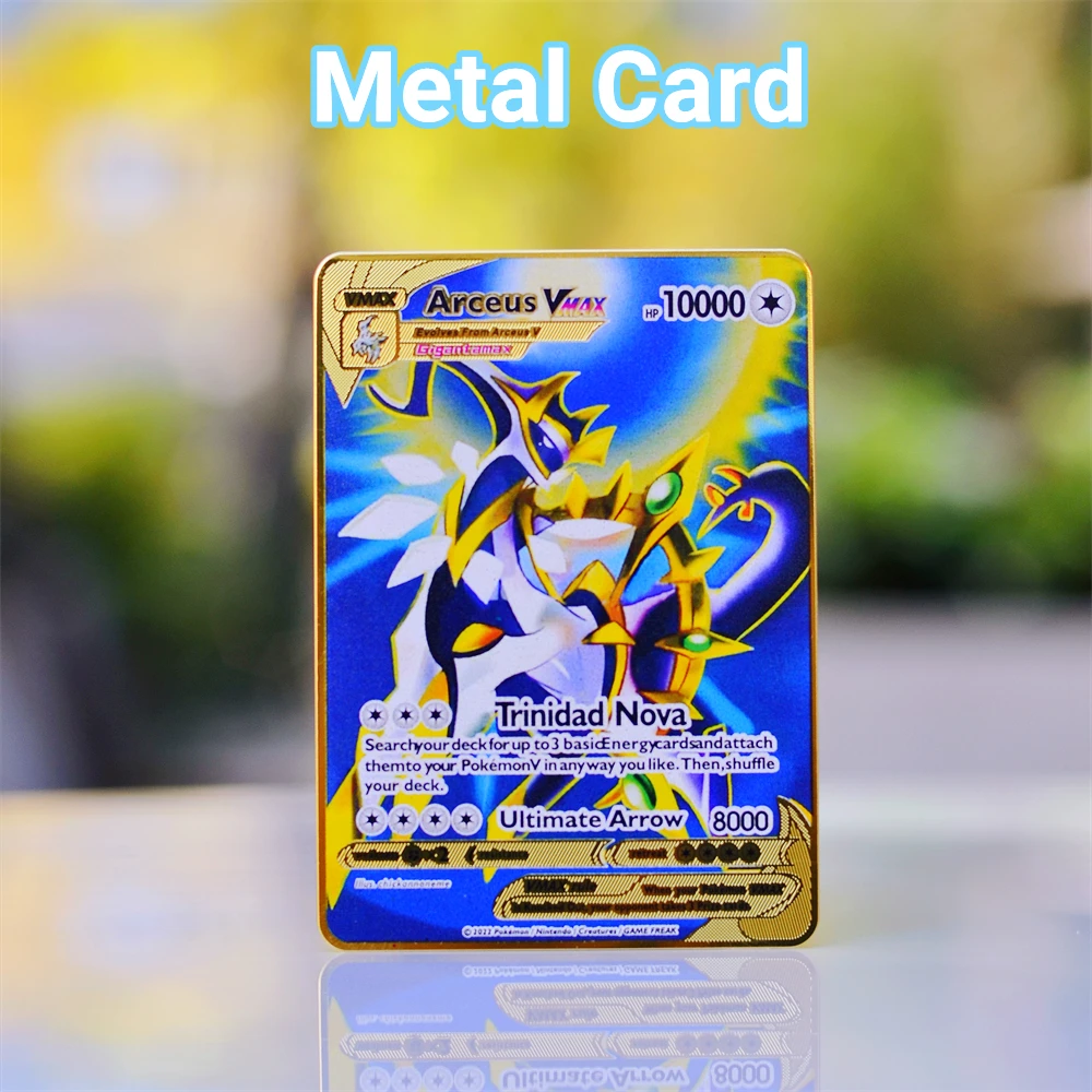 

10000HP Pokemon Card Metal Pokémon Letters Arceus Vmax Pikachu Charizard Vstar Gold Iron Playing Cards Anime Game Kid Toys Gifts