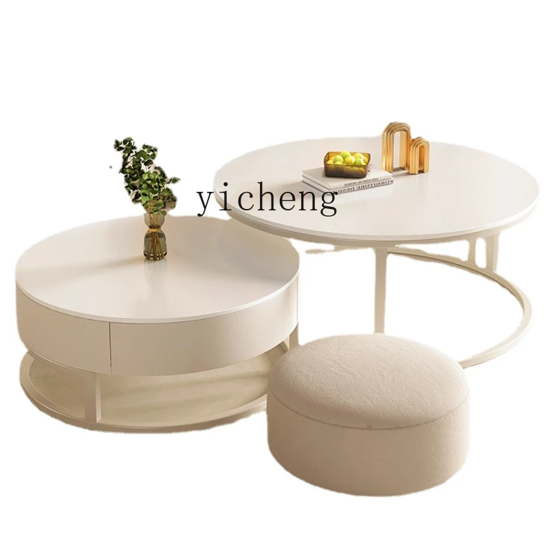 

ZC Stone Plate Coffee Table Living Room Home Simple Modern Small Table Cream Style round Tea Table
