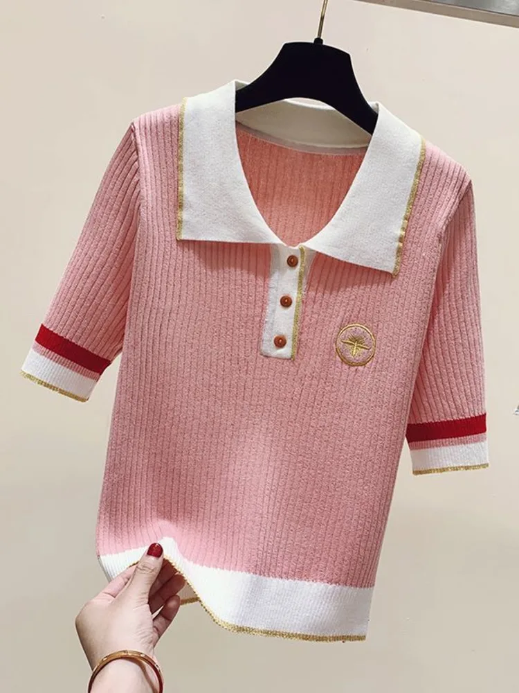 

Korean Polo Collar Hit Color Thin Knitted Sweater Summer Short Sleeve Loose Pullover Sweater Women Simple Preppy Style Sweaters