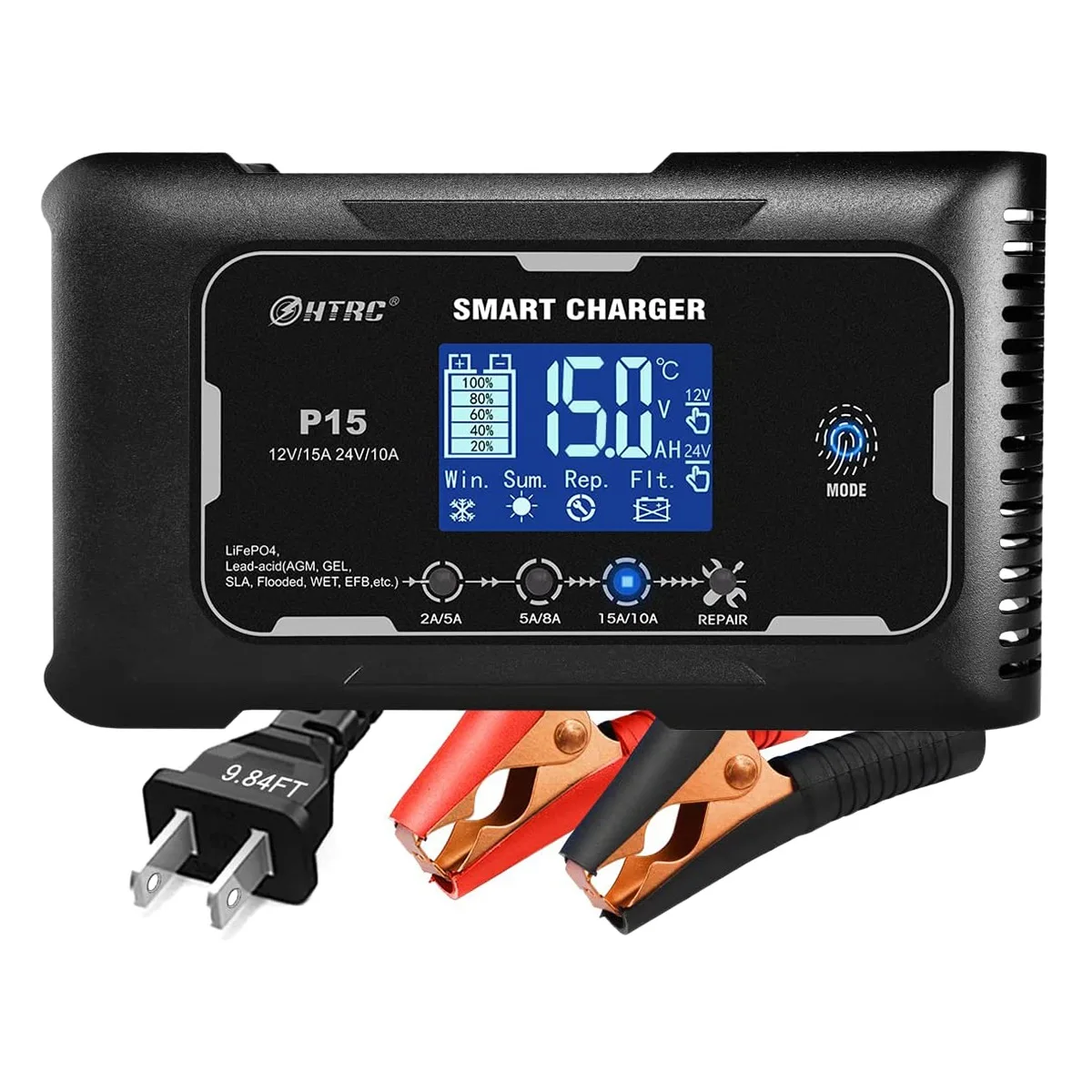 

HTRC Fully-Automatic Smart Battery Charger 12V/15A 24V/10A Lead-Acid(AGM/Gel/SLA)Pulse Repair Charger for Car US