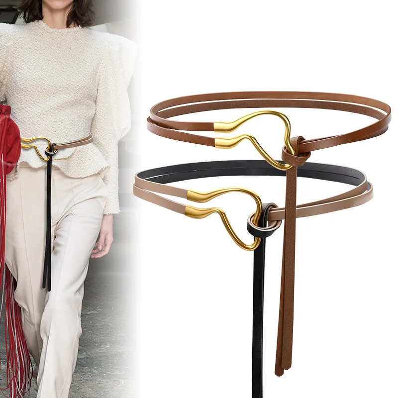 

Новый корейский кожаный женский ремень простой тонкий ремень женский модный ремень с узлом для костюма дизайнерский ремень поясной ремень