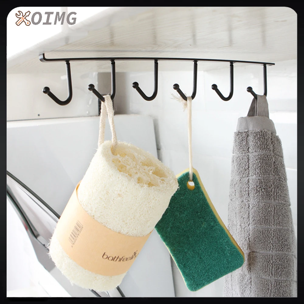

Железная полка для хранения с 6 крючками, металлическая подвесная полка для шкафа, кружек, чашек, органайзер для ванной, кухни, подвесная сто...