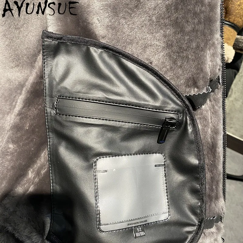 Фото AYUNSUE Натуральная мужская зимняя куртка из овчины класса люкс, теплая, новая, серая №5