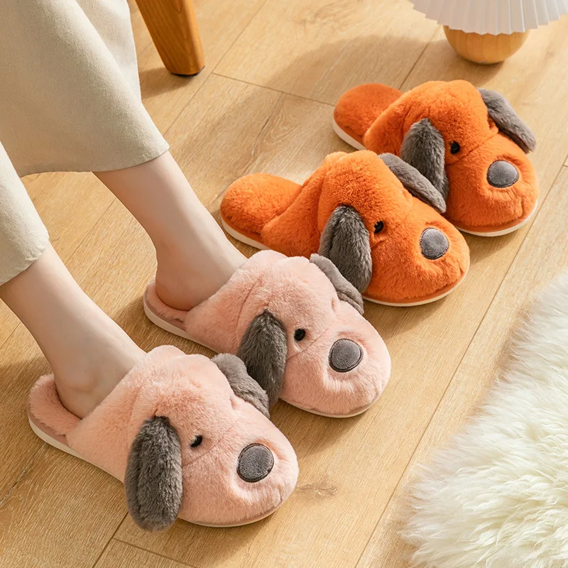 Winter Home Women Fur Slippers Soft Sole Cotton Shoes Cute Cartoon Puppy Bedroom Men Fluffy Slippers Couples Furry Shoes