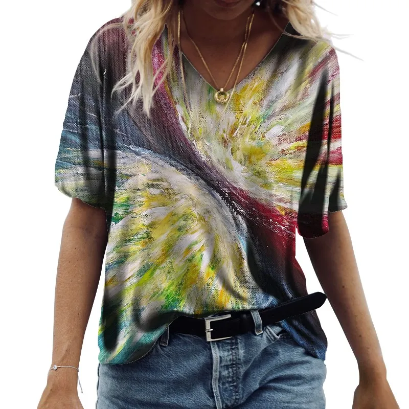 

2022 summer new T-shirt women's V-neck short sleeve natural landscape 3D printing elegant casual retro loose T-shirt