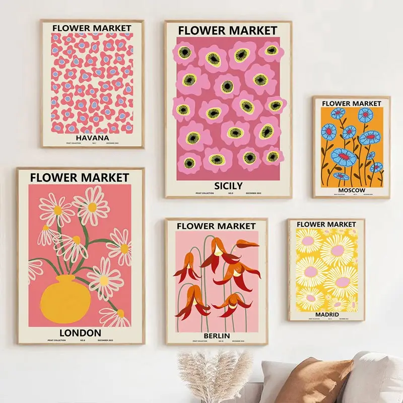 

Abstract Flower Market Posters and Prints Vintage Minimalist Nordic City Wall Art Canvas Painting Pictures for Living Room Decor