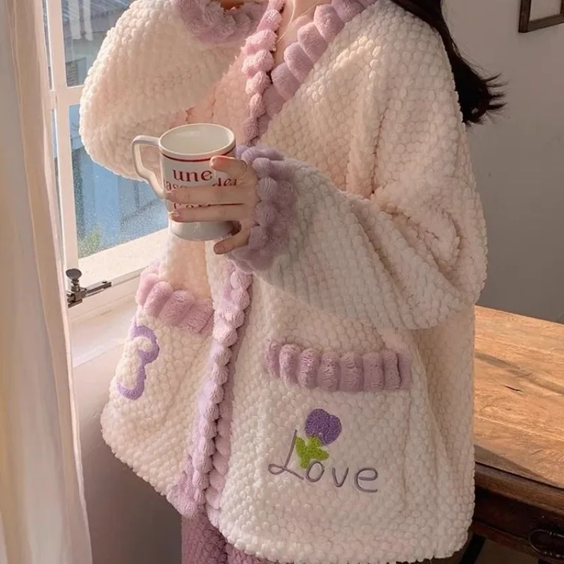 Коралловые бархатные пижамы женские осень/зима 2024 новый флисовый утепленный