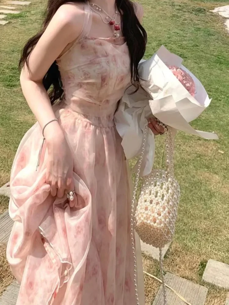 Y2K элегантные шифоновые платья с принтом и лямкой на шее для женщин милое розовое