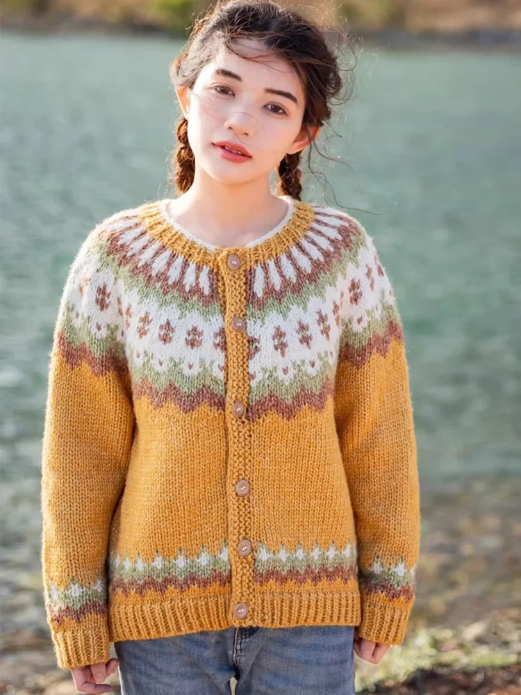 Фото 102-106 см бюст осень-зима кардиганы женские Fair Isle скандинавская ручная вязка винтажные толстые теплые шерстяные хлопковые свитера ручной работы пальто №1