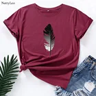 Футболка женская оверсайз с принтом перьев и круглым вырезом, 100% хлопок