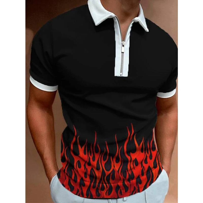 

Luxury Men Matching Clothing Polo Shirts Streetwear Casual Flame Short Sleeve Tee Men Turn-Down Collar Zipper Polos Shirt Tops