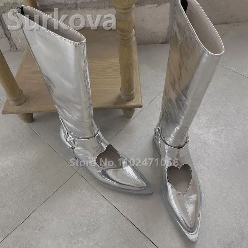 

Silver Knee Hight Long Boots Hollow Out Love Pattern Women Shoes Modern Design Pointed Toe Lady Boots Zipper 2023 Lastest Shoes