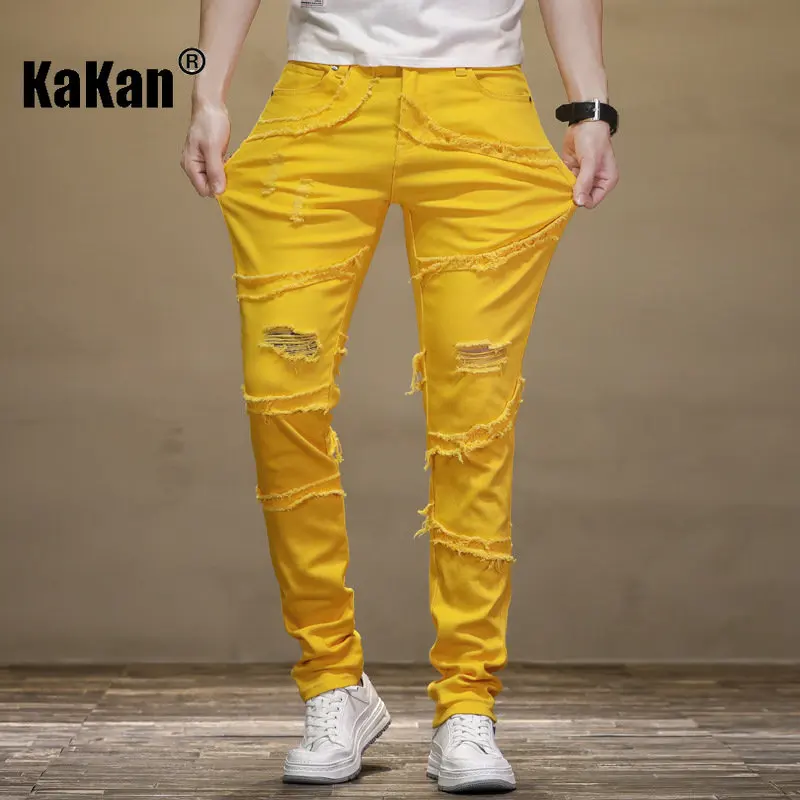 Kakan - New Patchwork Distressed Fluorescent Yellow Jeans for Men, Casual Slim Fitting Trend Small Leg Long Jeans K19-9330
