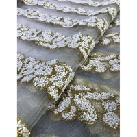 white beads tube glued on mesh gold glitter lace fabric african flowers sequence wedding party dresses material sewing trimmings