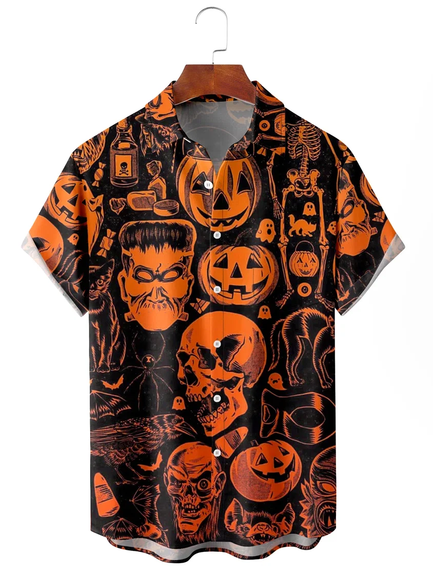 

Men's Halloween Print Anti-Wrinkle Moisture Wicking Fabric Fashion Hawaiian Lapel Short Sleeve Shirts，custom shirt printing