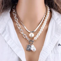 baroque pearl multi layer personality necklace human head square hip hop pendant exaggerated thick clavicle sweater chain gift