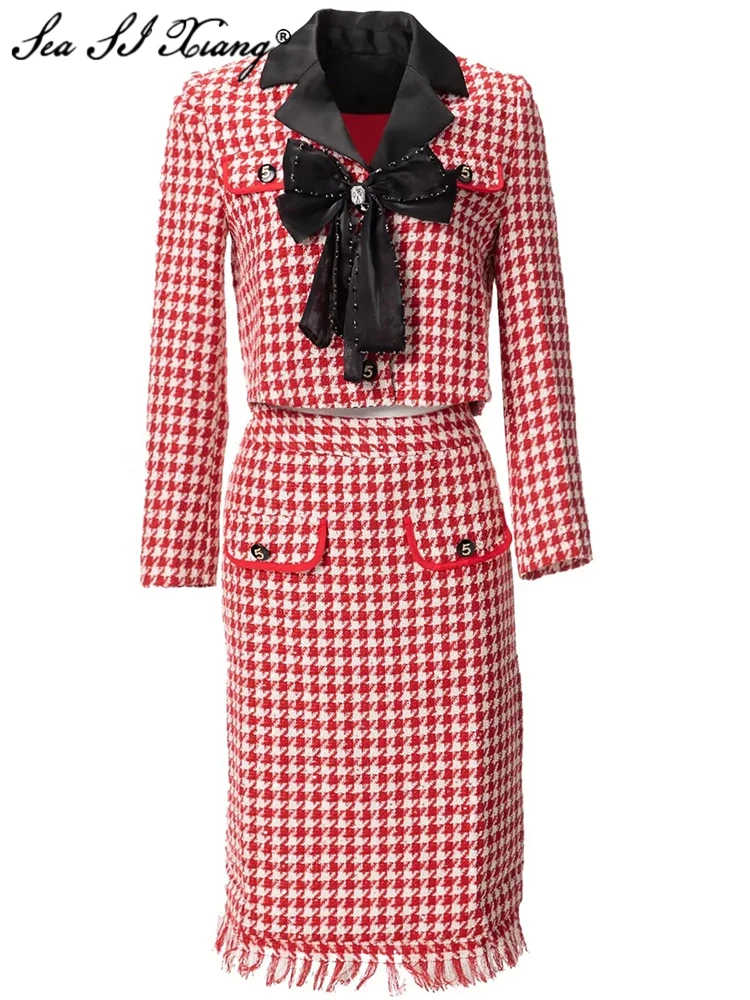 

Seasixiang Fashion Designer Autumn Plaid Tweed Suit Women Long Sleeve Beading Bow Short Coat + Tassel Pencil Skirt 2 Piece Set