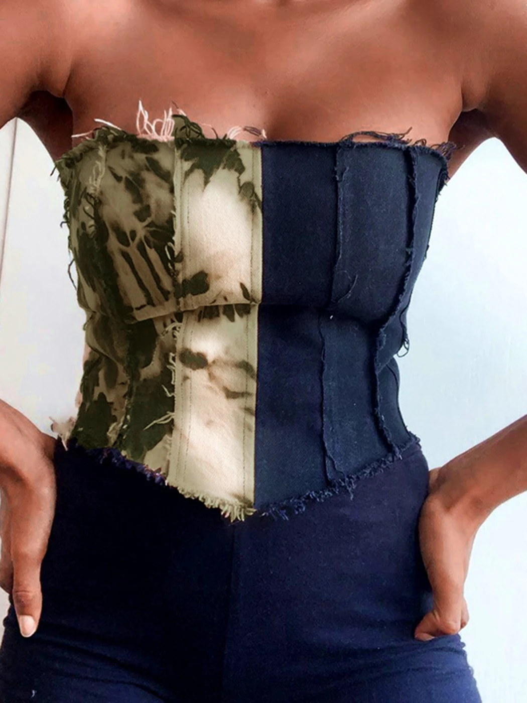 

Tie-dye Bandage Denim Crop Top Women 2022 Patchwork Asymmetrical Slim Strapless Vintage Summer Sexy Corset Tops Female
