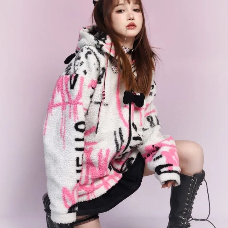 Куртка-бомбер женская оверсайз с длинным рукавом на флисе в стиле Харадзюку -