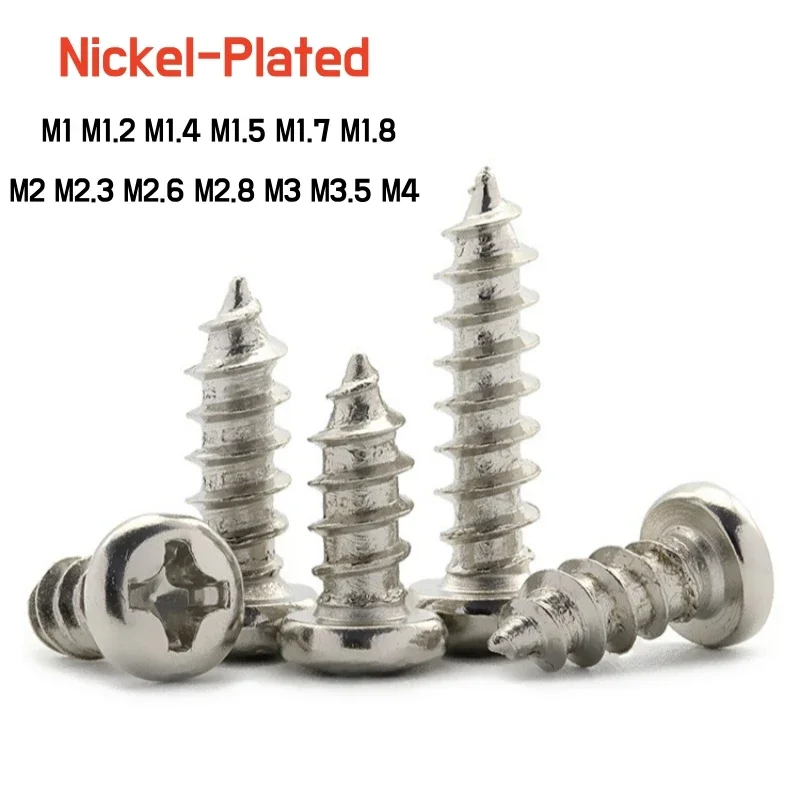 

50 ~ 1000 шт. m1m1.2 m m2 M2.3M2.6M2.8M3M3.5M4 никелированные плоские крестовые Круглые головки самонарезающие винты маленькие гвозди