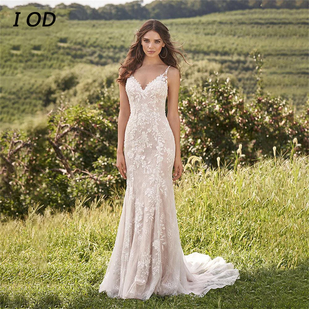 

I OD Classic V- Neck Lace Appliques Trumpet Wedding Dresses Sleeveless Sweep Train Bridal Gowns Sexy Vestidos De Novia For Women