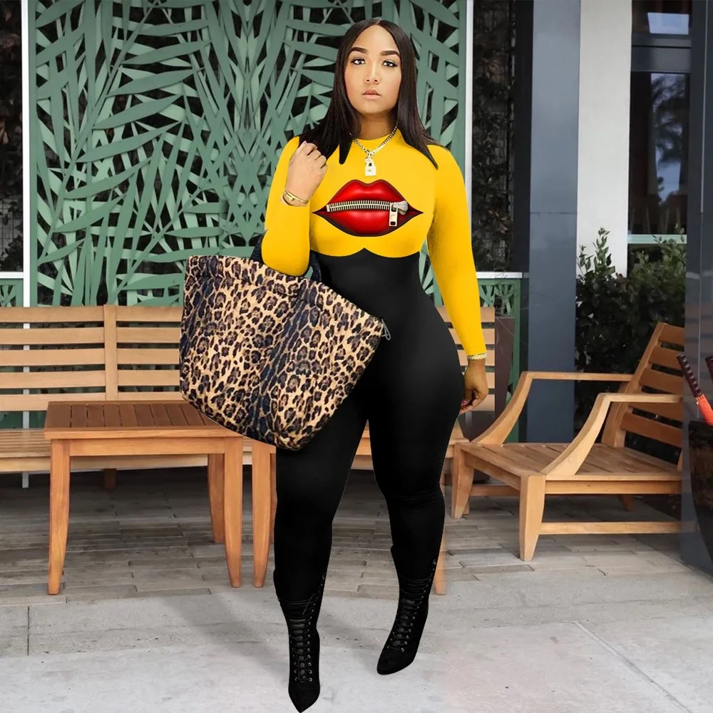 Oversized Long Sleeve Jumpsuit Rompers Ladies Fashion Printed Sexy Lip Turtleneck Bodysuit 2020 Fall Clothing for Women | Женская одежда