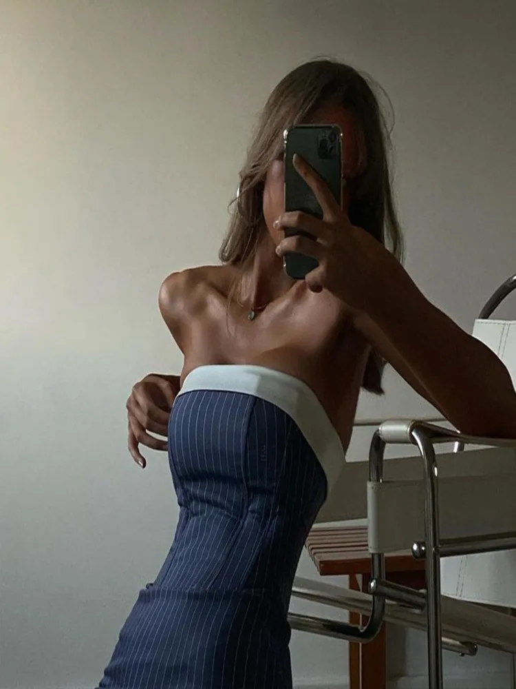 

PofashPofashHot girls' fish bone stitched striped short skirt American sexy slim buttock wrap bra dress female