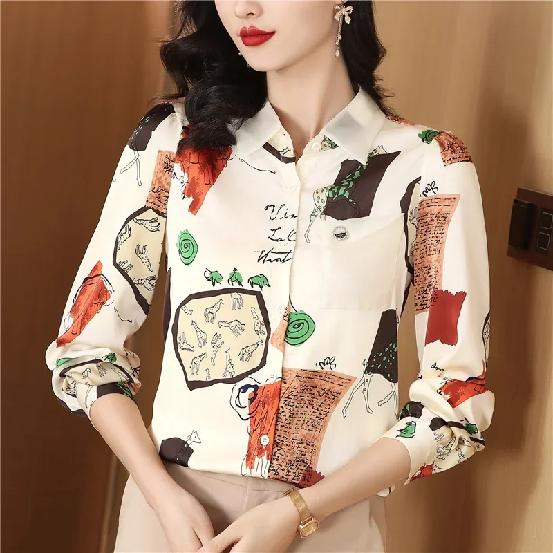 

Satin Printed Vintage Women's Shirts New FASHION Silk Blouses Polo Necks Ladies Clothing Spring/Summer Long Sleeves Loose Tops