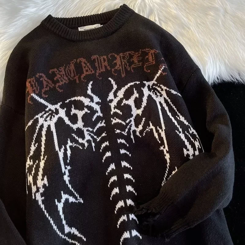 

2022New Hip Hop Streetwear Knitted Sweater men Gothic Letter Bat Skeleton Print Pullover 2021 autumn Harajuku Cotton sweater wom
