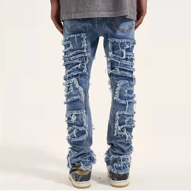 Distressed Jeans for Men Retro Ripped Hole Straight Washed Harajuku Hip Hop Loose Denim Trousers Vibe Style Casual Jean Pants