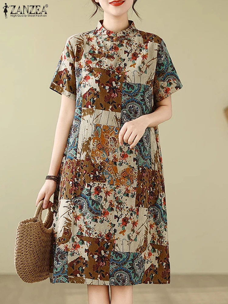 Летнее модное платье длиной до колена с коротким рукавом ZANZEA женский сарафан