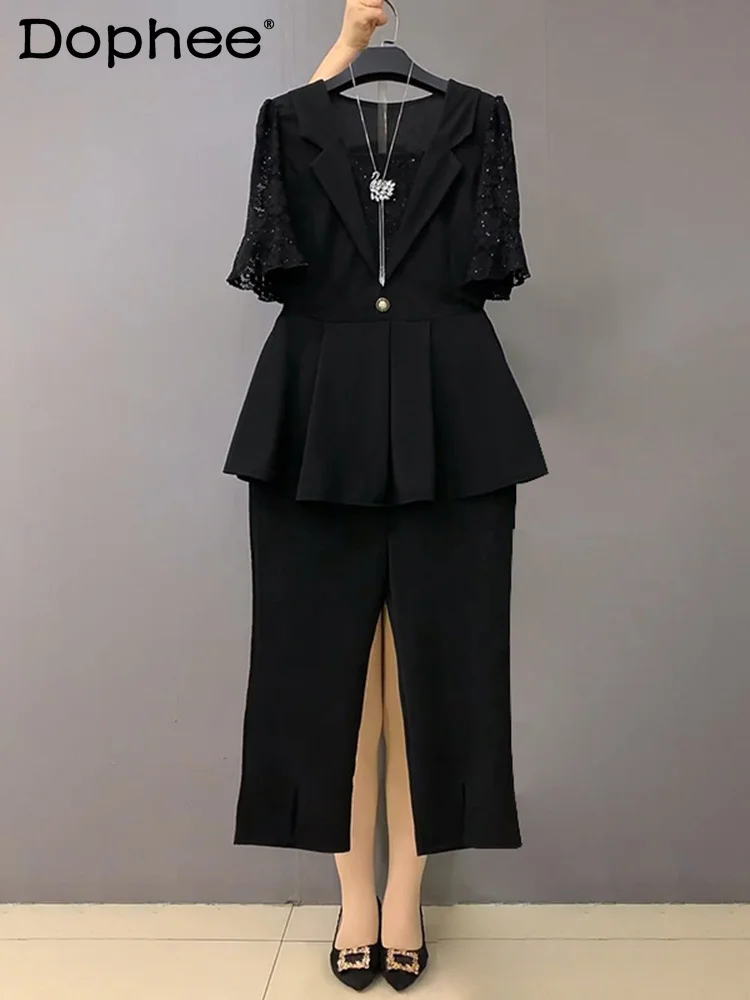 

Large Size Fat Sister Elegant Business Suit Collar Lace Blazer Top Pants Two-Piece Set Summer New Black Shirt Casual Pants Suit