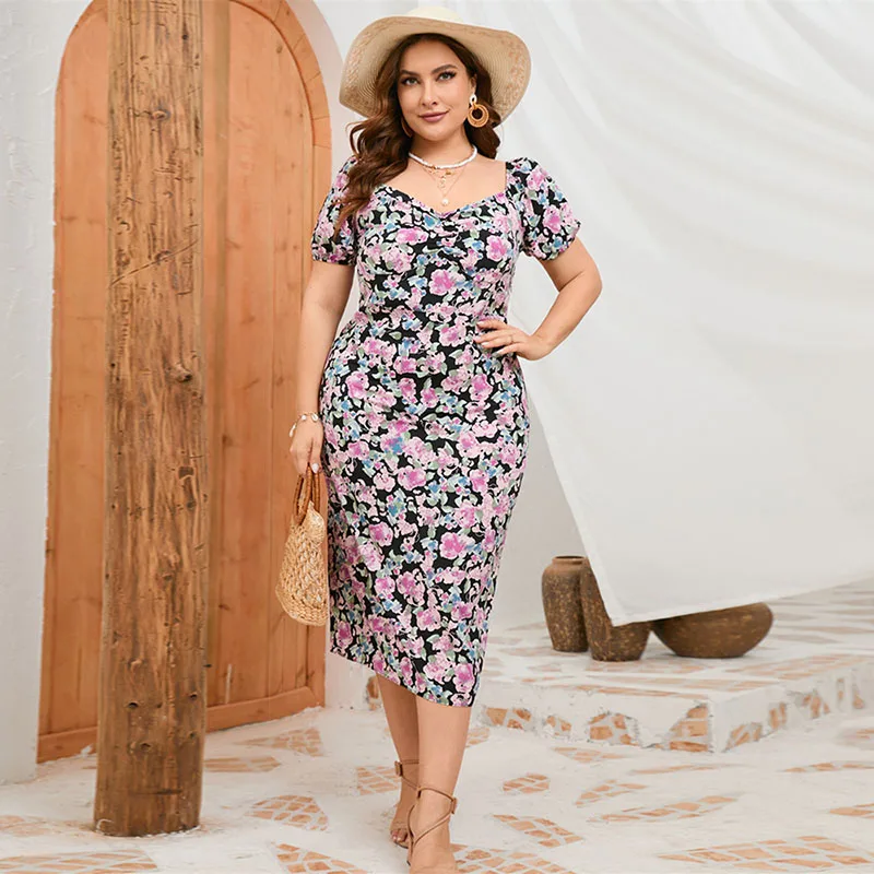 Plus Size Summer Dresses for Women 2023 Elegant Puff Sleeve Square Collar Floral Midi Formal Party Dress Ladies Dresses 4XL 5XL