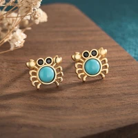 ancient gold creative small crab cute stud earrings inlaid natural stone turquoise gold needle earrings for women girls gift