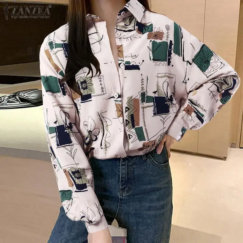 

2022 ZANZEA Full Sleeved Lapel Printed Buttons Down Blouse Clubbing Casual Shirts Holiday Bohemian Loose Casual Top Spring Women