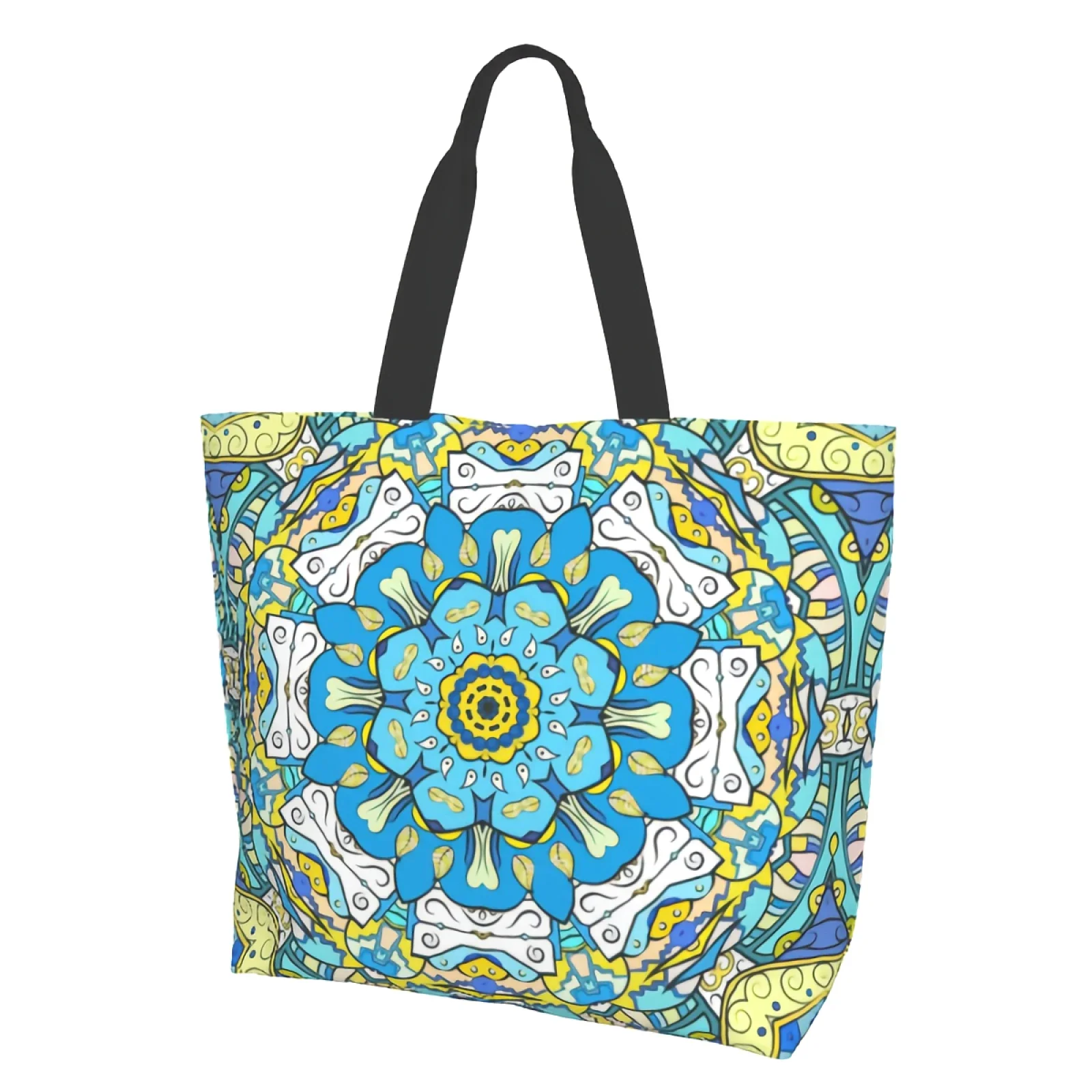 

Cute Daisy Boho Tracery Tile Traditional Spiritual Tribal Design Canvas Tote Bag for Women Weekend Kitchen Grocery Bag