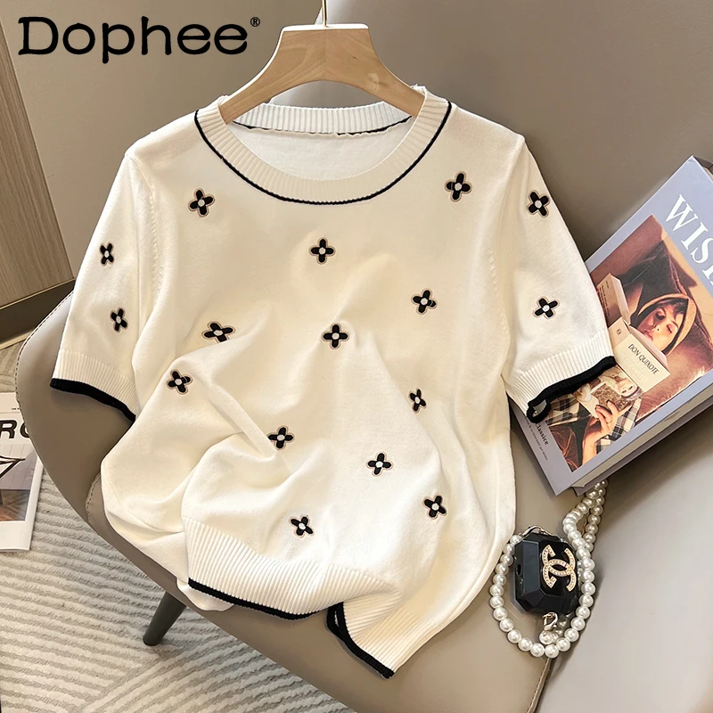 

2022 Spring Summer New Fashion Simple Jacquard Short-Sleeved Knitted T-shirt Top Korean Loose Round Neck Thin Ice Silk Tshirt