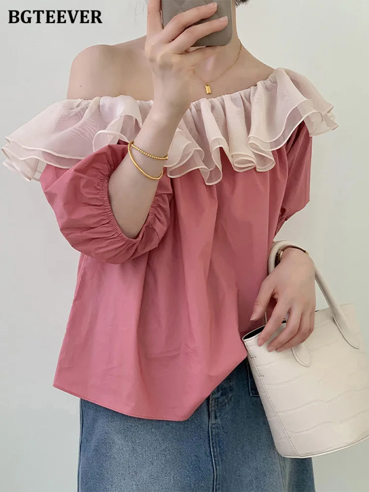 

Шикарные летние блузки BGTEEVER с оборками и вырезом лодочкой, элегантные свободные женские рубашки с пышными рукавами, женские топы, блузы