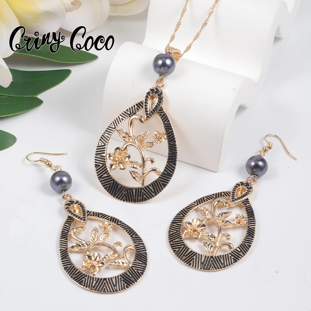

Cring Coco Hawaiian Guam Tribal Necklace Jewelry Sets Woman Gold Plated Polynesian Earrings Set Flower Necklaces for Women 2022