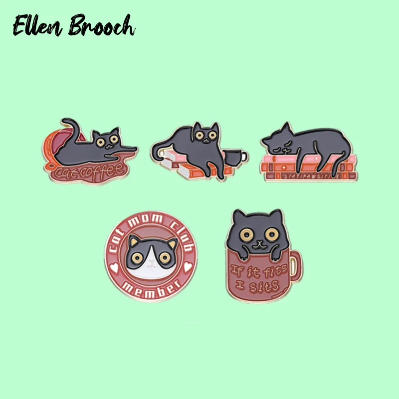 

Funny Cats Enamel Pins If It Fits I Sits Kitty Coffee Reading Book Brooch Lapel Badges Animal Jewelry Gift for Kids Friends