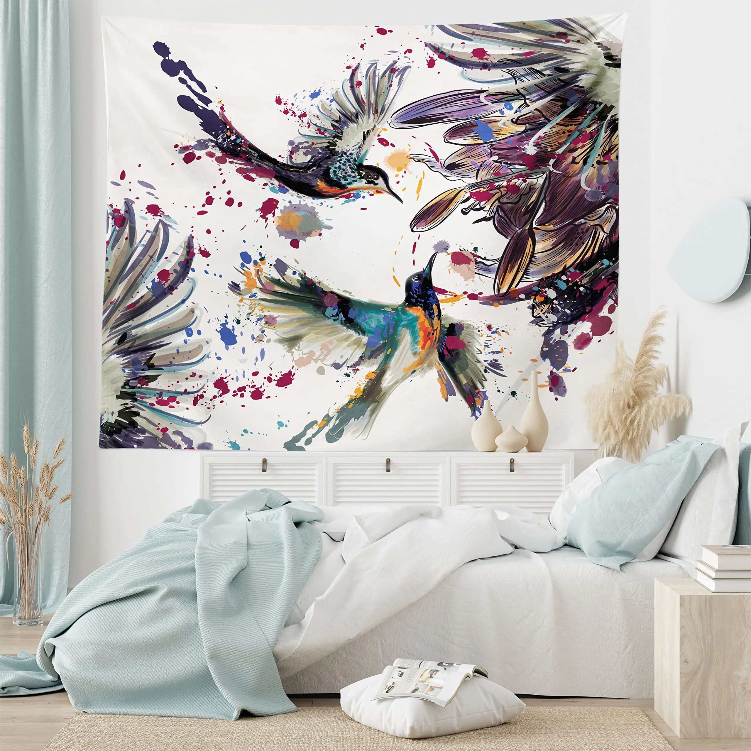 

Hummingbird Tapestry,Art Lily Flowers Birds and Color Splashes In Watercolor Painting Style,Wall Hanging for Bedroom Living Room