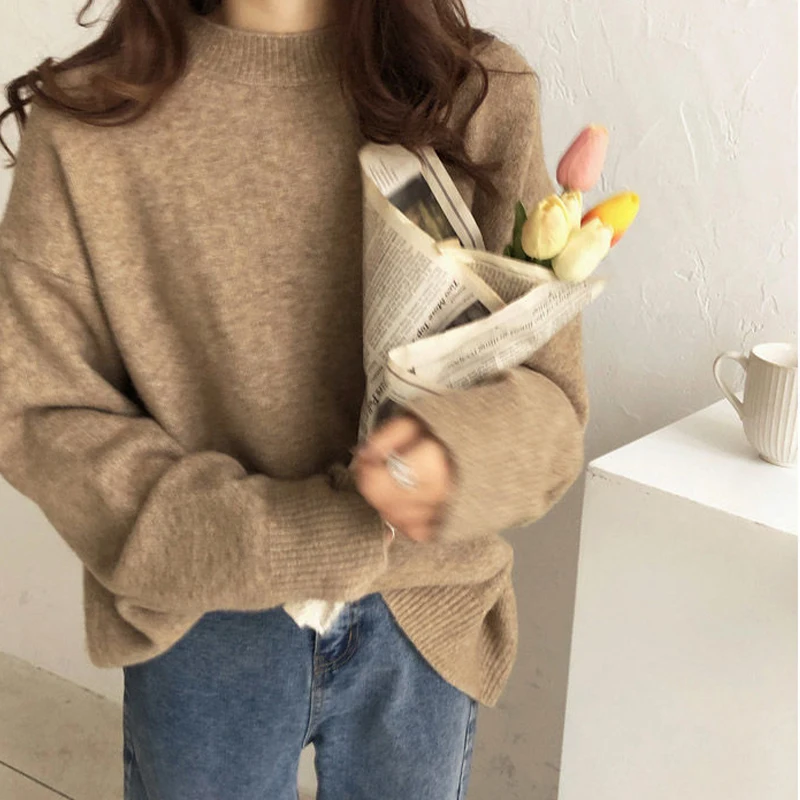 

Женский вязаный джемпер с высоким воротником, теплый Свободный пуловер, базовый свитер для весны и осени, Y2K